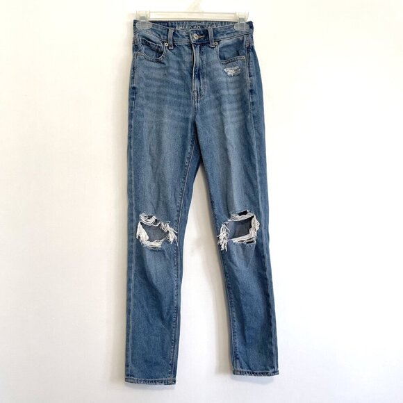 AMERICAN EAGLE AE Comfort Stretch Waistband Mom Jean Medium Wash Ripped Cropped - Picture 2 of 12